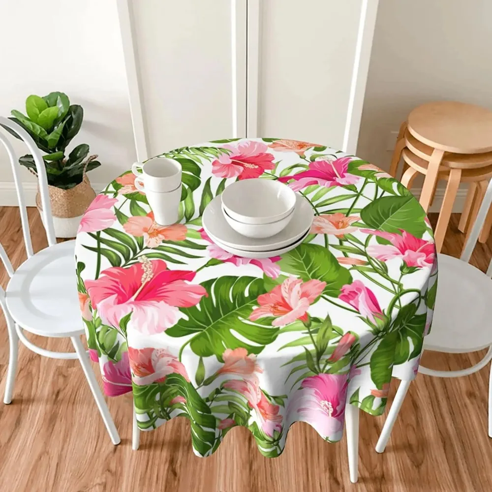 Hawaiian Blooming Hibiscus and Palm Tablecloth Tropical Leaves Round Table Cover Washable Polyester Tablecloth for Picnic Dining