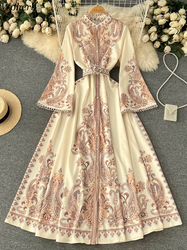 Temperament Belt Dress 2024 Vestidos De Mujer Flare Sleeve Print A-line Dresses for Women Slim Waist Stand Neck Robe Femme Wj