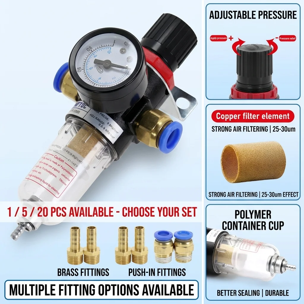 AFR2000 Air Filter Regulator Pressure Reducer 1/4 Inch Water Oil Separator 1/5/20PCS with Brass Fittings Push-in Connectors Set