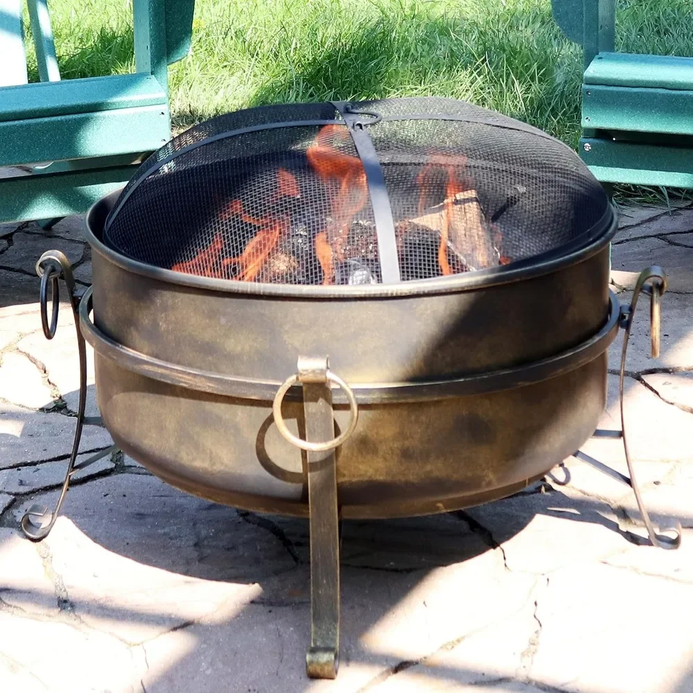 

24-Inch Cauldron Style Outdoor Fire Pit Bowl with Spark Screen, Log Poker, and Wood Grate - Dark Bronze Finish