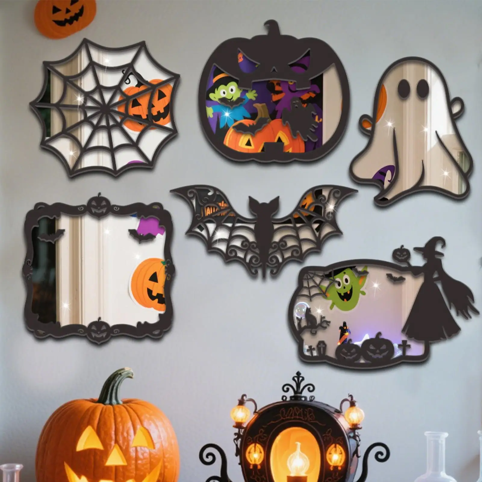 

1 шт., серия фонарей в виде паука и тыквы на Хэллоуин, зеркальный светоотражающий эффект, деревянная вывеска для дома с привидениями, праздничные ремесленные проекты