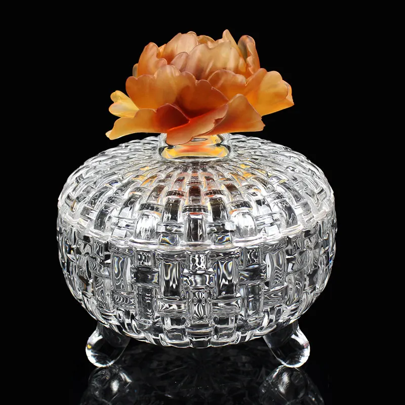 Floral Pattern Embossed Crystal Bowl with Glass Lid for Fashion Home Business Storage Sample