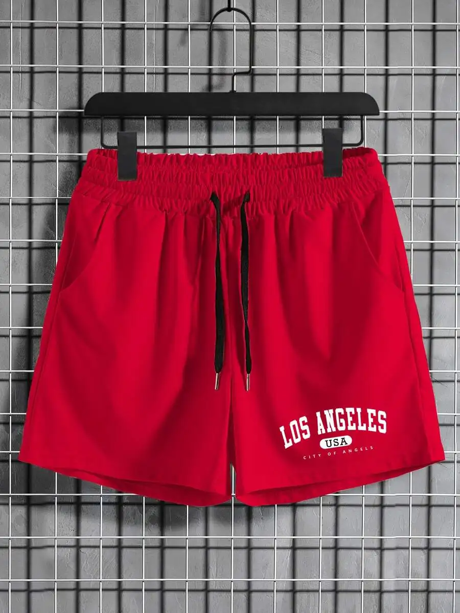 

Red Mens Los Angeles City Of Angels Print Drawstring Waist Casual Shorts