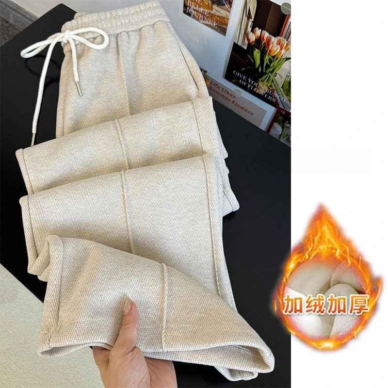 سميكة الدافئة الصوف السراويل للنساء مكتب عالية الخصر عادية مستقيم الساق أفخم زغب بنطال ذو قصة أرجل واسعة الكورية فضفاض السيدات بنطلون