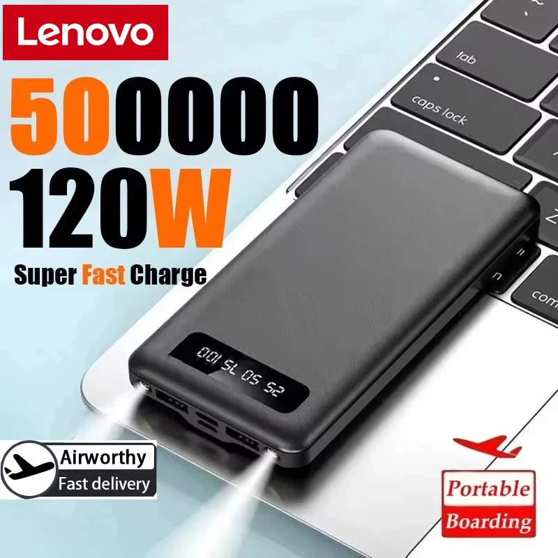 Внешний аккумулятор Lenovo 2026 200000 мАч, 120 Вт, супербыстрая зарядка, большая емкость, портативный, с LED-дисплеем