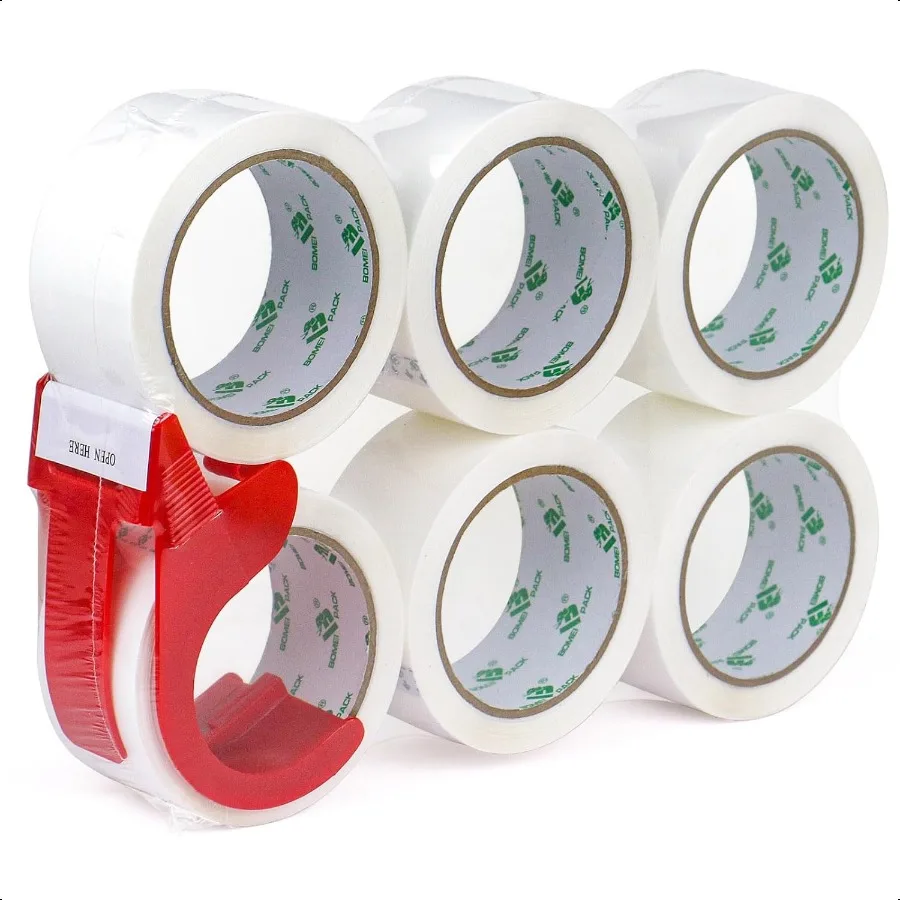 

НАБОР BOMEI Белая упаковочная лента с дозатором 2,4 мил 1,88 дюйма x 60 ярдов 6 стержней в рулонах Белая лента для переезда коробки и