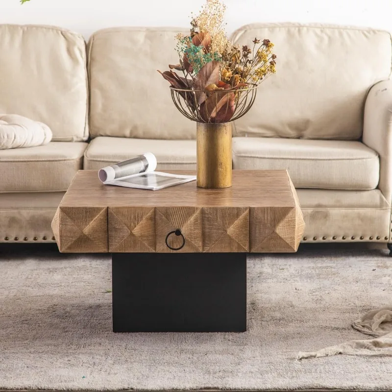 Diamond Shape  Coffee Table, Block Coffee Table， Wood Coffee Table with 2 Drawers for Living Room