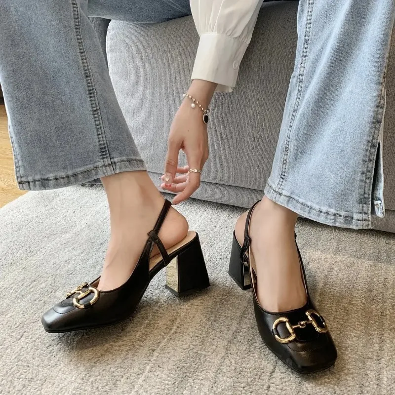 2024 New Style Women Matte Thick Heels Soft Pumps Summer Sandals Woman Retro Fashion Metal Buckle High Heels Lady Dress Shoes