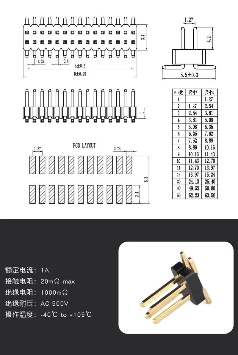 2~5~10~20 Stück Doppelreihiger Vertikaler SMD-Stiftleistenstecker 1,27 mm Rastermaß Basis 2*2P/3/4/20/40/50P Vergoldetes Kupfer – Detail 1