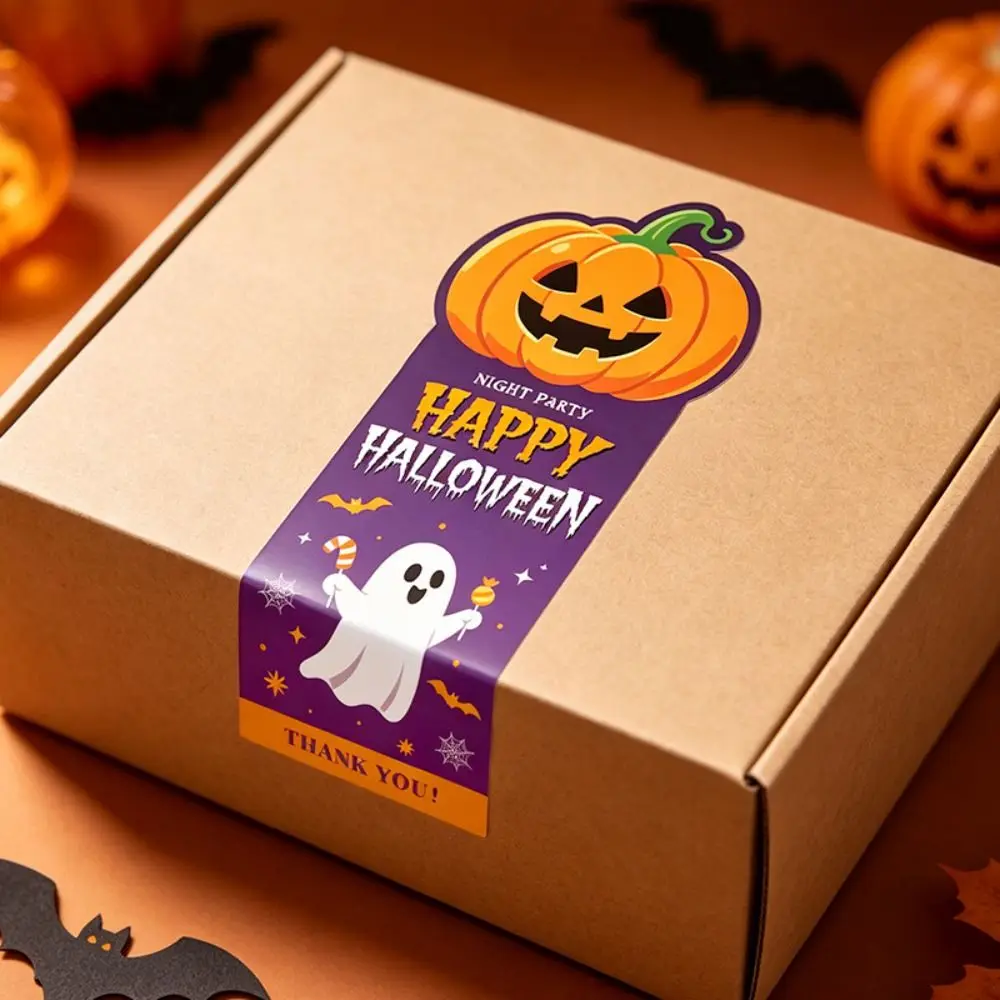 50PCS Multicolor Halloween Sealing Stickers Self-adhesive Witch Castle Long Strip Stickers Back Adhesive Cartoon Pumpkin Ghost