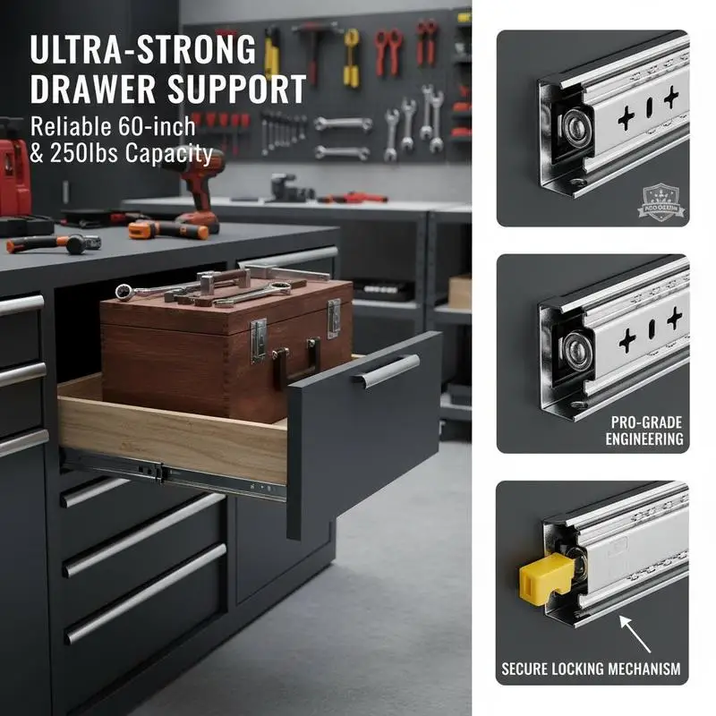 Heavy Duty Slide Rails 60inch For RV Cargo Bed, Truck Bed, Tool Cabinet, Locking Mechanism 250lbs Load Capacity 3-Fold Full Extension Side Mount Ball Bearing Metal Runners