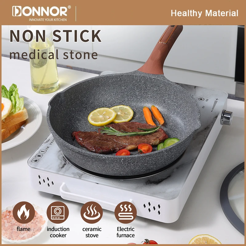 DONNOR Nonstick Frying Pan with Lid 24/26/28cm Medical stone Frying pan Woks Omelette Pan Grilled Steak Pans Healthy Cookware