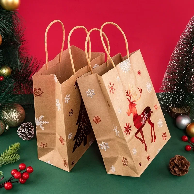 Hurtownia Kraft Torebki z uchwytami na prezenty Christmas Party Candy Cookie Packaging Treat Pouch Cute Santa Claus Snowman Decoration Supplies — zdjęcie 3