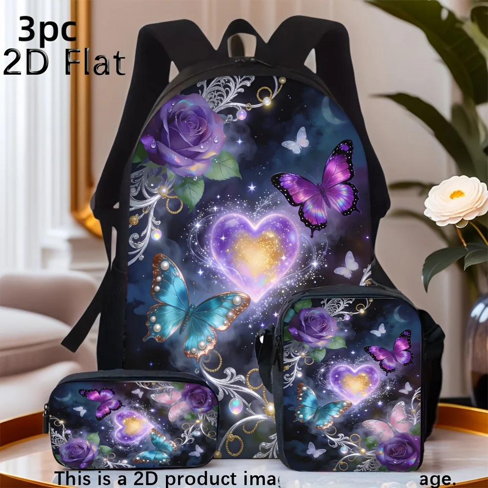 

3pcs Daily Bag Set with Purple Rose Glowing Heart Butterfly Print Backpack, Crossbody Bag And Pencil Case