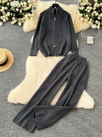 SINGREINY Women Thick Sweater Suits 2024 Zipper Design Loose Pullovers+Elastic Wide Legs Fashion Warm Knitted Two Pieces Sets - Image 4