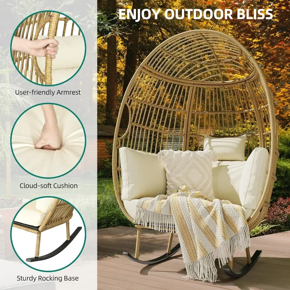 Outdoor Rocking Egg Chair, Wicker Patio Rocking Basket Chair with 370lbs Capacity, All-Weather Oversized Egg Lounger Chair Beige