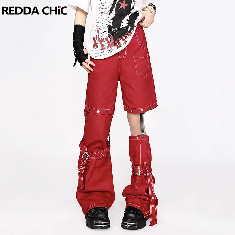 REDDACHiC Women Multi-wear Red Cargo Jeans Detachable Leg Warmers Belted Boots Cover Wide Leg Pants Set Vintage Y2k Streetwear