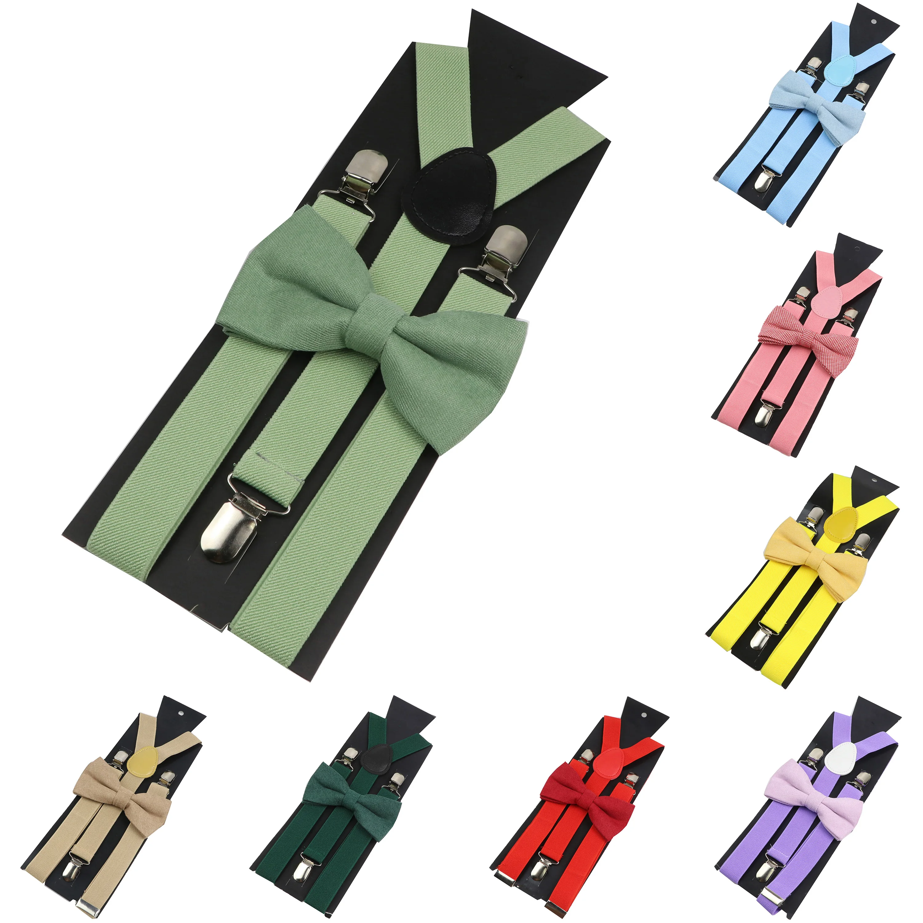 Adjustable Elastic Leather Suspenders Bowtie Set Men Women Sage Green Braces Straps For Wedding Y-Back Shirt Accessories Gift