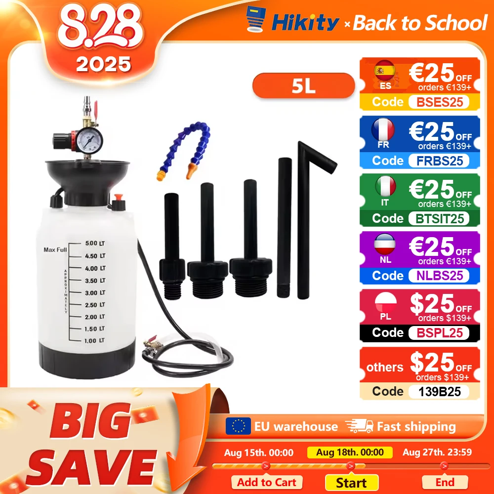 Estrattore di liquido di riempimento della trasmissione automobilistica del riempitore pneumatico Hikity 5L per pompa di trasmissione, estrattore della pompa dell'olio con adattatori