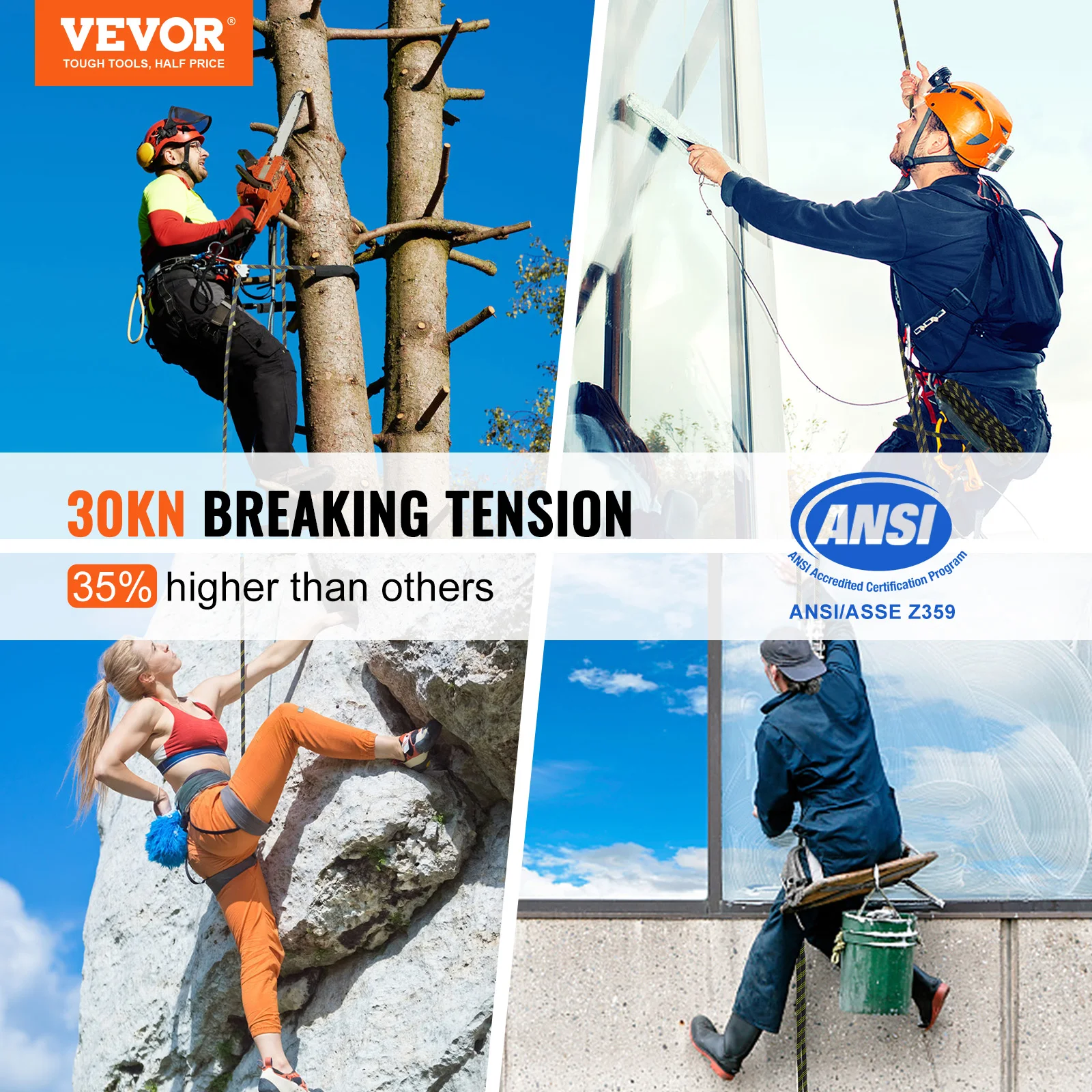 VEVOR Vertical Lifeline 150ft Outdoor Climbing Rope 30KN Breaking Tension Static for Escape Outdoor Adventures and Lumbering