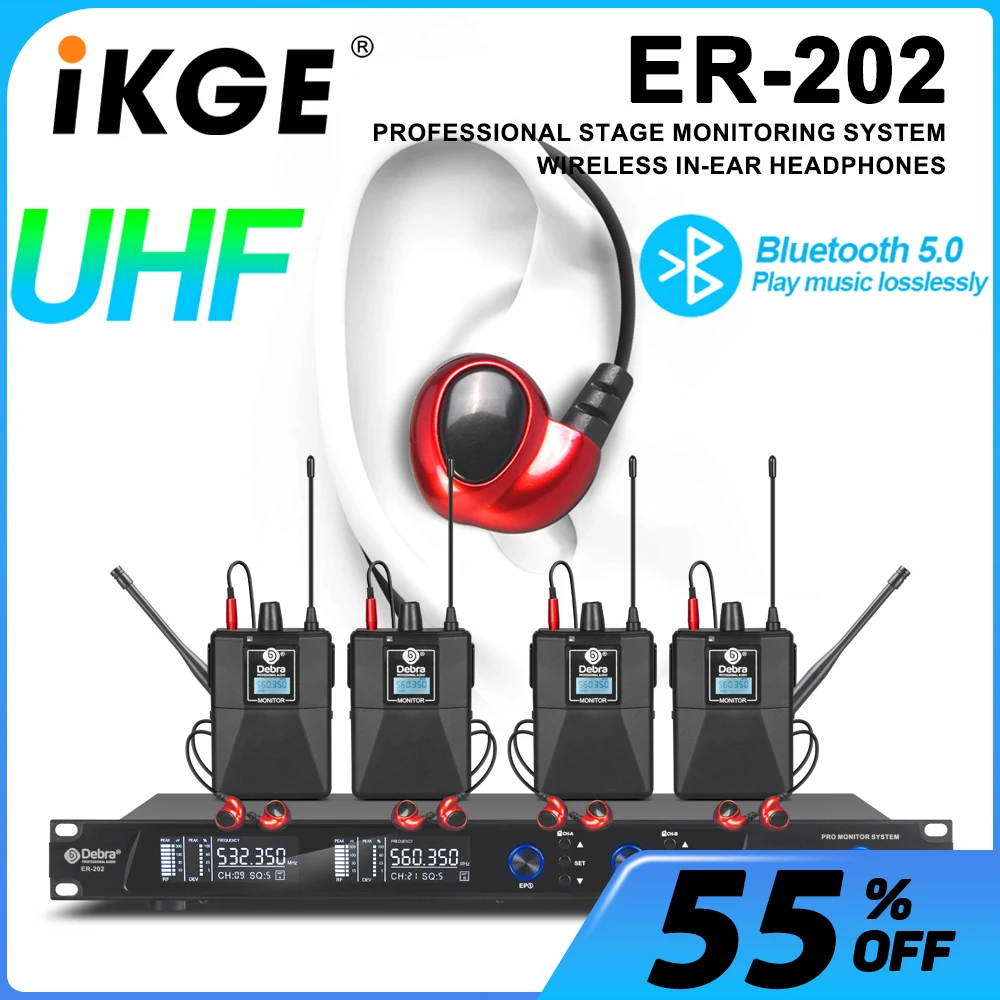 ER-202 Professional Stage Wireless In-Ear Monitor System with Bluetooth 5.0 UHF, Multiple Transmitters for Stage Performance