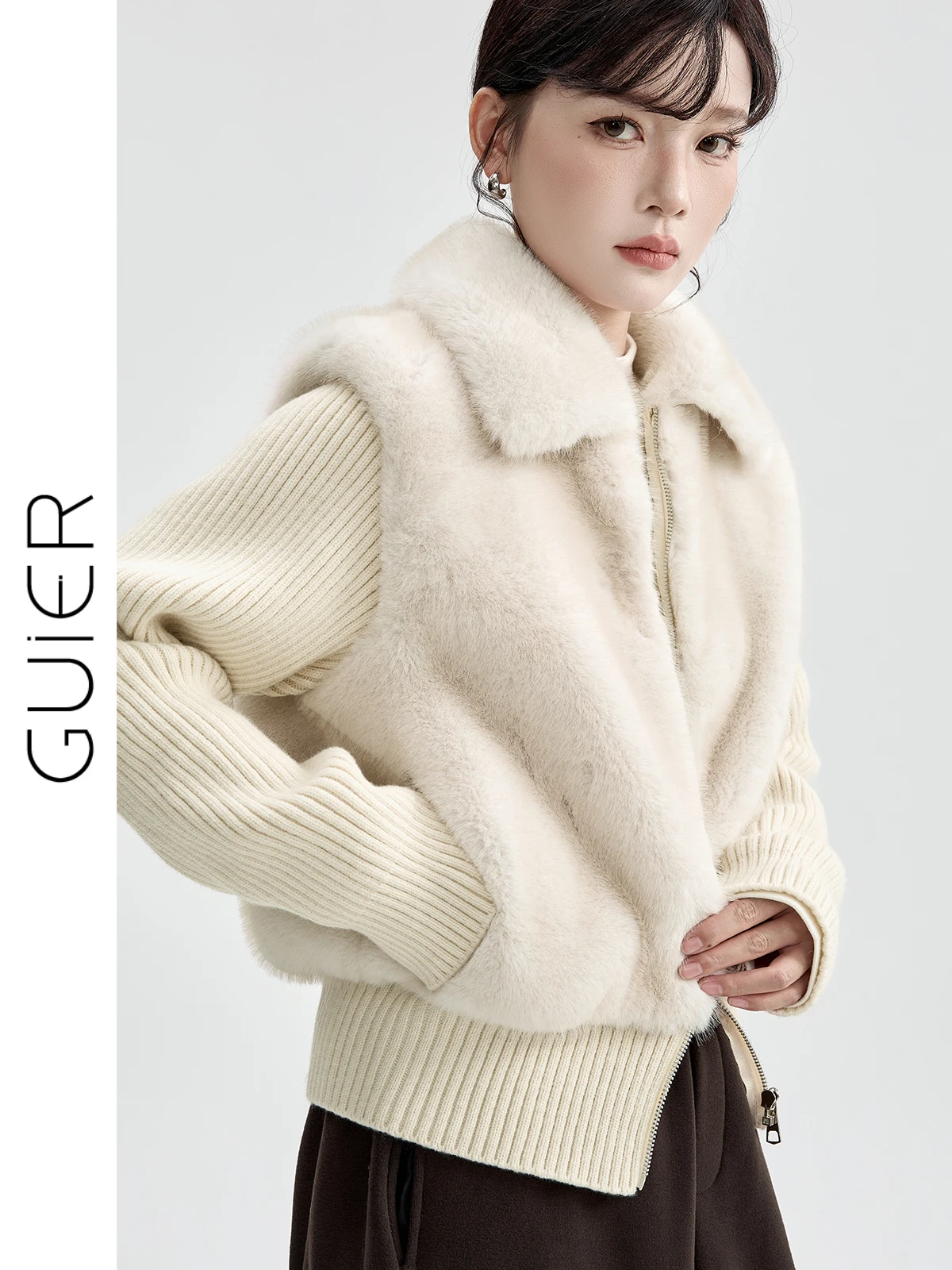 

Женская зимняя куртка Guier из вязаного трикотажа с меховыми вставками, новинка, эффект двухслойности, повседневный стиль