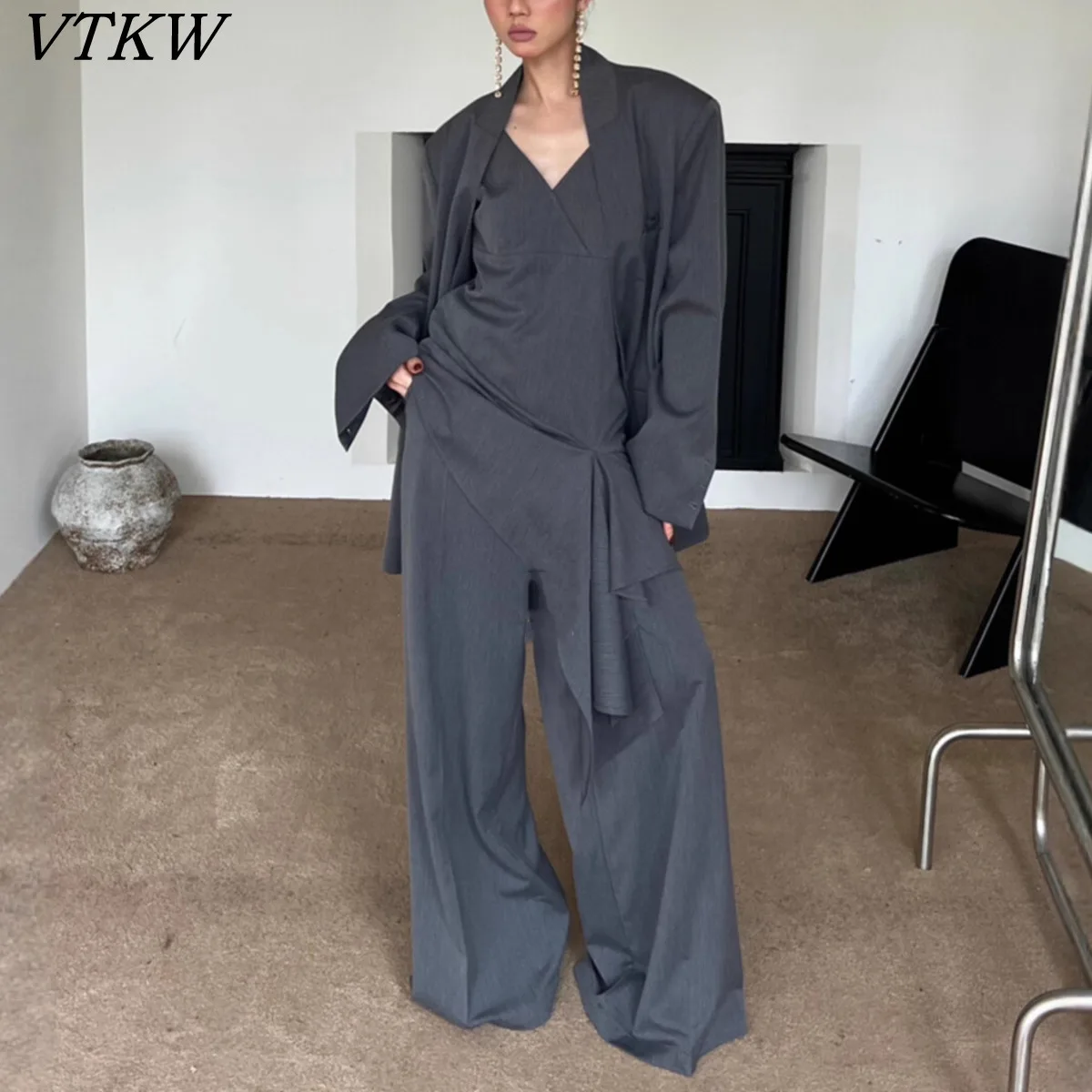 

VTKW 2026 New Women's Grey Pinstripe Three Piece Set Blazer Cami Top Wide Leg Pants Elegant Formal Casual Wear