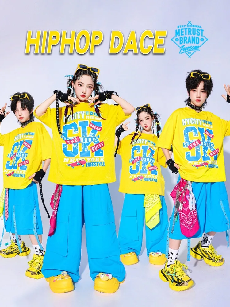 Boys Jazz Costumes Children Clothes Sets Hip Hop Girls Candy Color T-shirt Cargo Pants Street Dance Shorts Kids K-pop Streetwear
