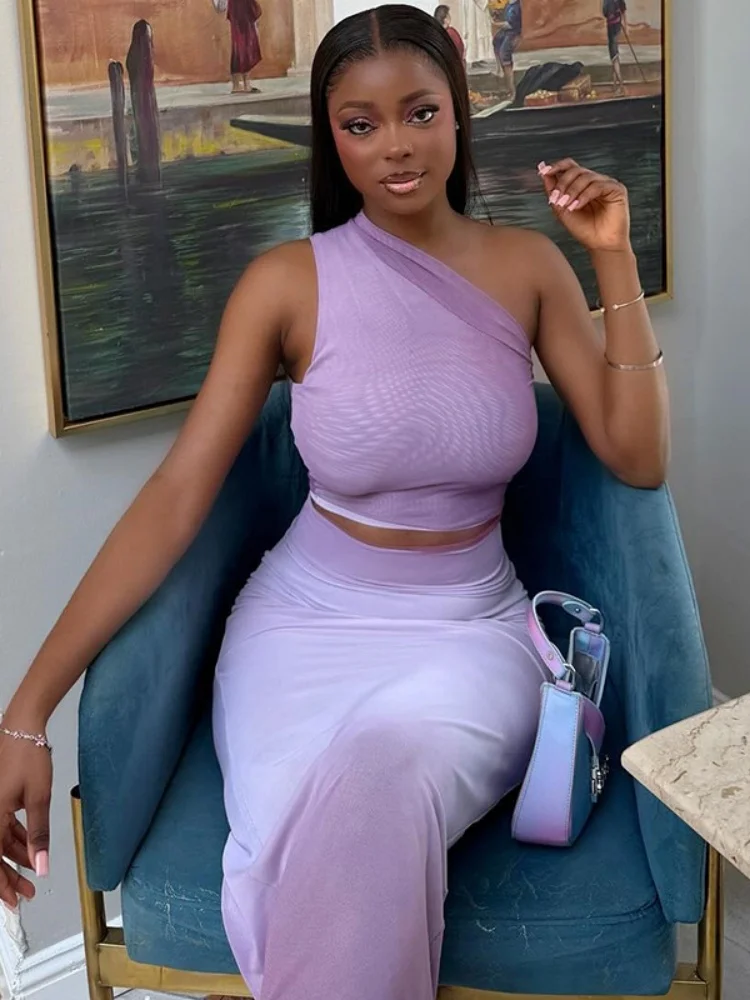 Wmstar Two Piece Sets Women Wholesale Fashion Single Sleeve Wrap Hip Tight Gradient Color Transparent Long Dress Two Piece Set