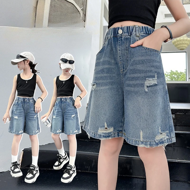 Kids High Fashion Distressed Ripped Denim Shorts for Girl Casual Broken Jeans Capris Child Summer Streetwear Destroyed Shorts