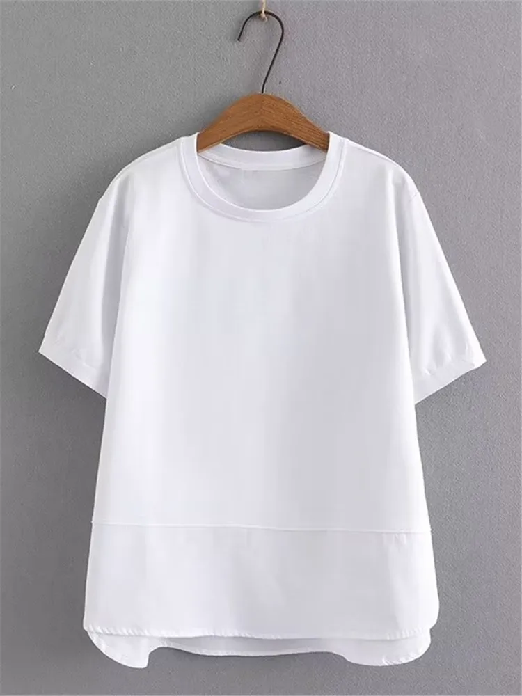 Plus Size Women's T-Shirt Round Neck, Solid Colour, Cotton, Slightly Stretchy Short Sleeves Thin Basic Loose T-Shirt For Summer