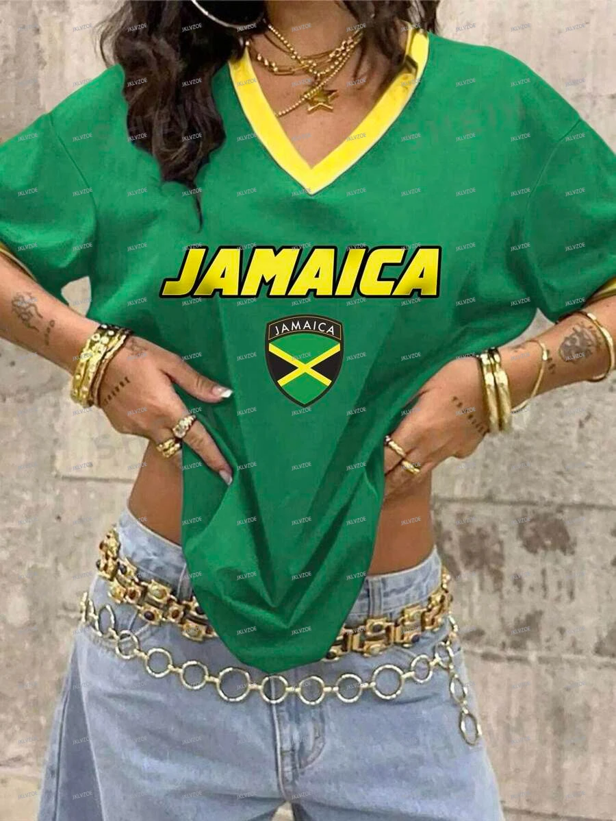 Women Summer Jamaican Flag Graphic Print V-Neck Football Jerseys Oversized Sport T-Shirt