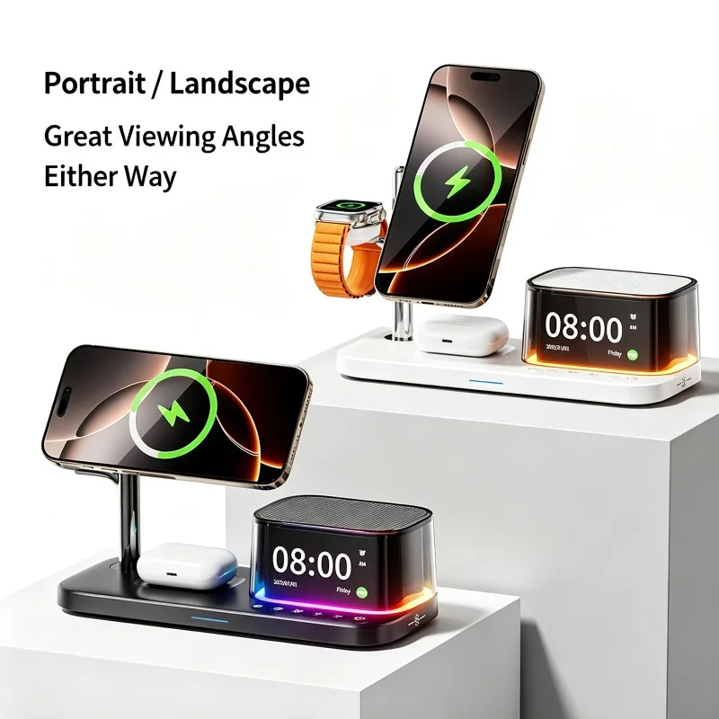 25W Magnetic Charger Bluetooth Speaker 5 in 1 Wireless Charger Stand with Clock Compatible with Apple, Samsung Phones & Watches