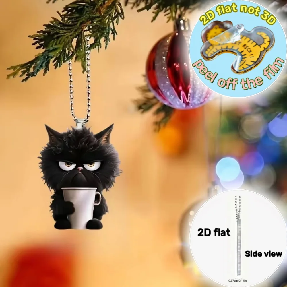 2D Fun Coffee Black Cat Keychain Cute Cartoon Kitten Charm Flat Acrylic Pendant Versatile for Car Bag Festive Party Gift & Decor