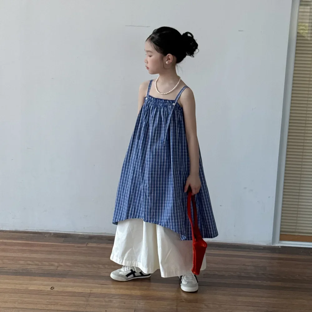 Girls Suit 2025 Summer New Childrens Wear Korean Style Baby Girl Small Plaid Slip Skirt Wide Leg Nine-minute Pants Two-piece