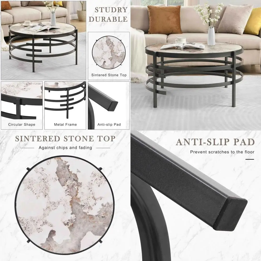 

Круглый журнальный столик из спеченного камня LieSky, 32 дюйма, с металлической основой, для гостиной