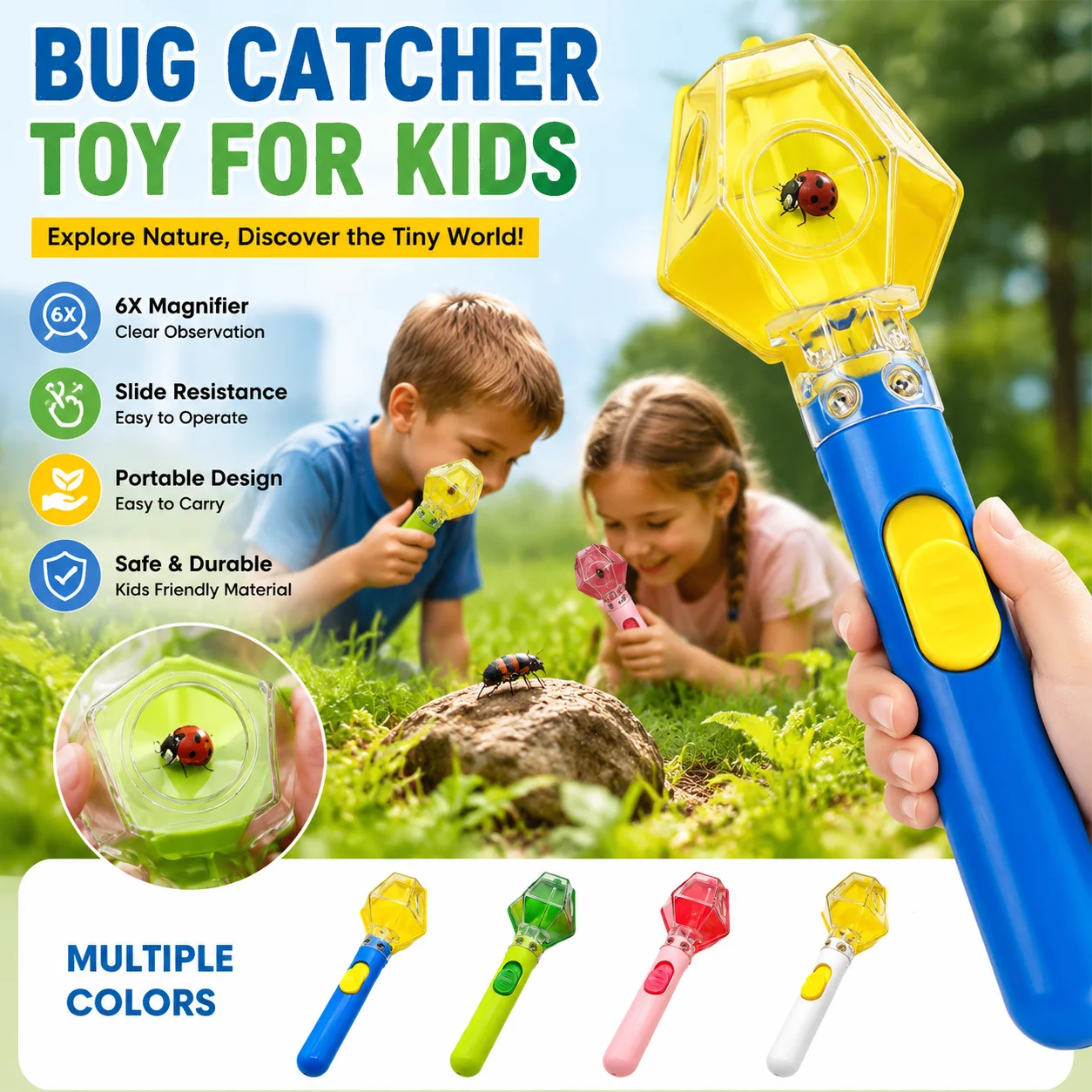 Bug Catcher Toy for Kids, 6X Magnifier Outdoor Exploration Educational Toy, Insect Viewer Handheld Insect Trap for Children