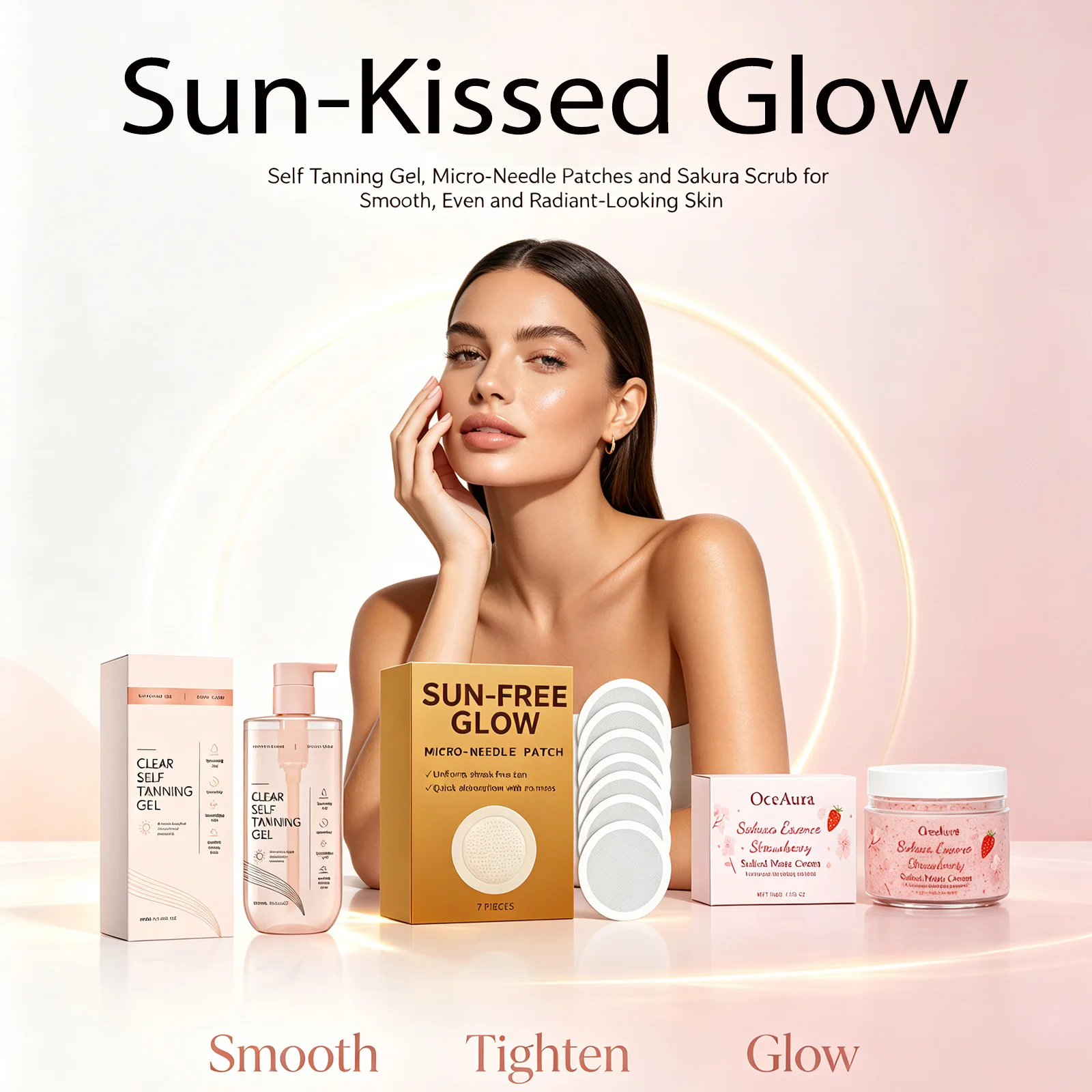 Self Tanning Gel & Micro Needle Patch & Strawberry Body Scrub Set Bronze Glow Natural Look Hydrating Body Face Sunless Tanner