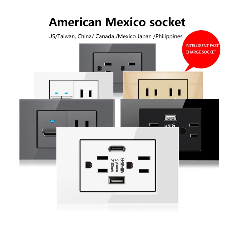 US Standard Panel Piano Light Electrical Switch,Mexico Thai White Glass Wall Power Outlet USB Type C Quick Charger Socket Plug