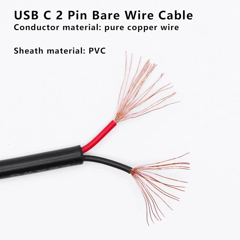 USB C إلى 2 دبوس سلك عاري نهاية مفتوحة سلك الطاقة، 90 درجة USB نوع C ذكر التوصيل 2 دبوس كابل ضفيرة، لكابل USB نوع C DIY 5 فولت