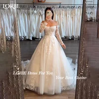 LORIE-vestido de novia acampanado de manga acampanada, vestido de novia con Apliques de encaje y cuello alto, vestido de novia personalizado sin espalda, vestido árabe de Dubái
