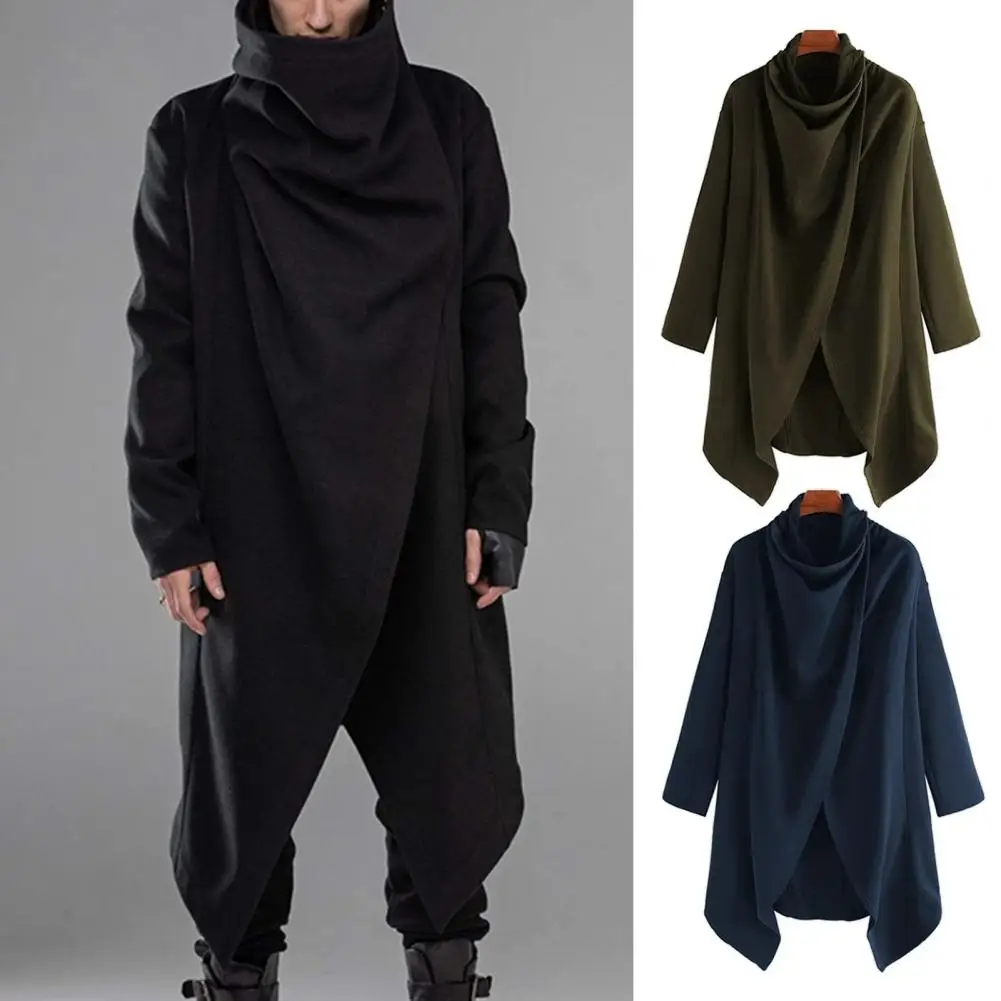 

Men Cloak Wool Blend Jacket Punk Style Button Scarf Neck Windproof Long Coat Irregular Hem Vintage Trend Jacket Windbreaker