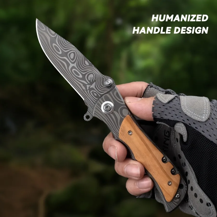 Top Quality Tactical Damascus Coating Flipper Folding Knife Stainless Steel+Wood Handle Camping Hunting Knives Pocket EDC Tool