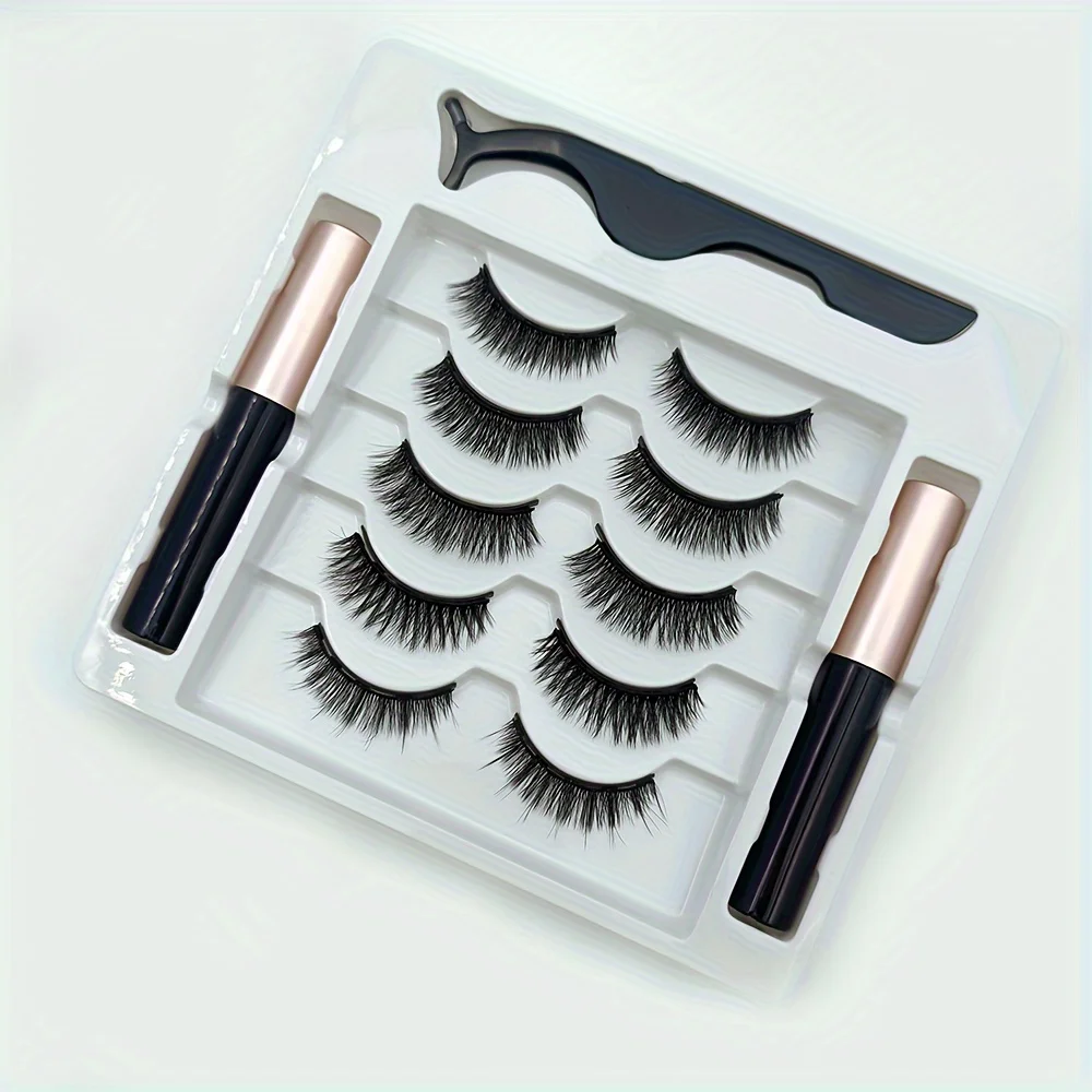 

5 Pairs Lashes & Eyeliner Kit, Party Festival Makeup Lash Extension No Glue Needed, Two Eyeliner Liquid Pens And Tweezers, L