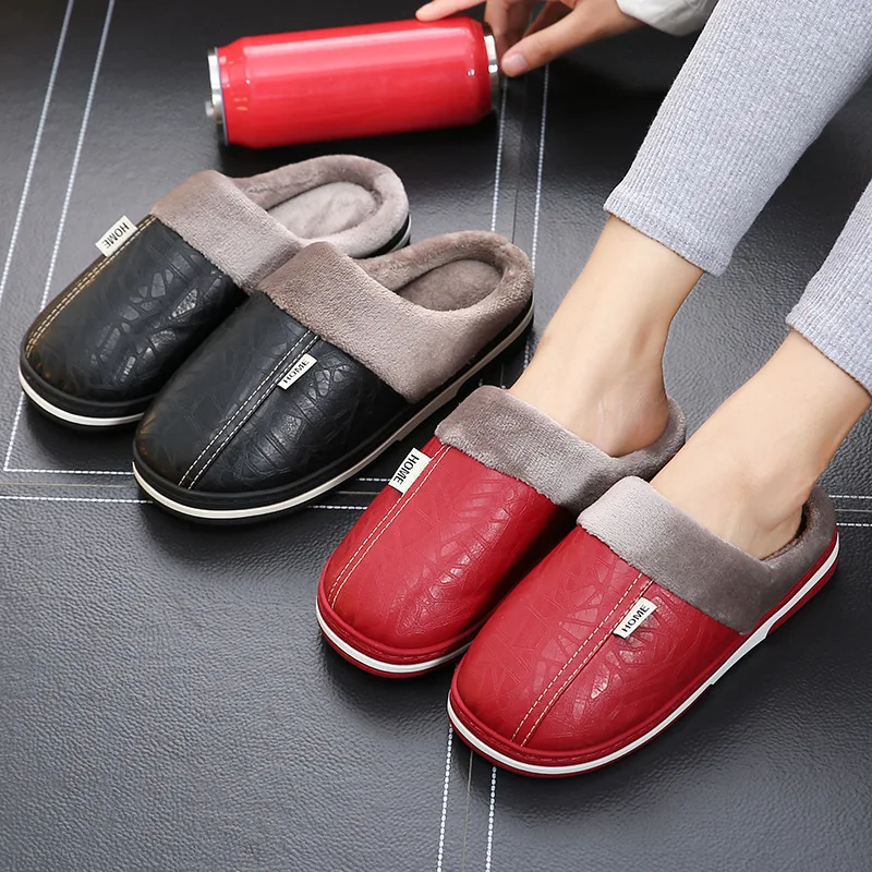 Women's Winter Slippers PU Leather Waterproof Indoor Shoes Large Size Warm Fur Lining Home Bedroom Slippers