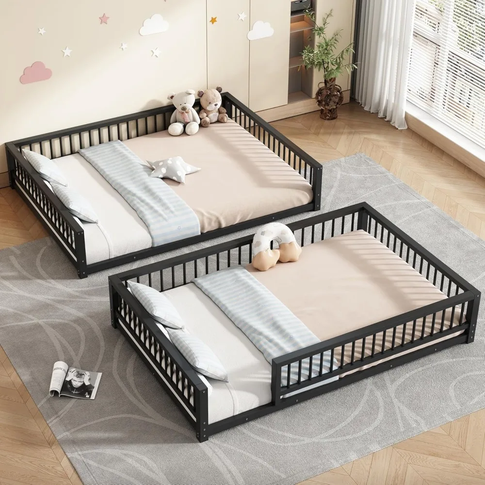 إطار سرير بطابقين كامل مقاس XL مع سلم وقضبان أمان، أسود