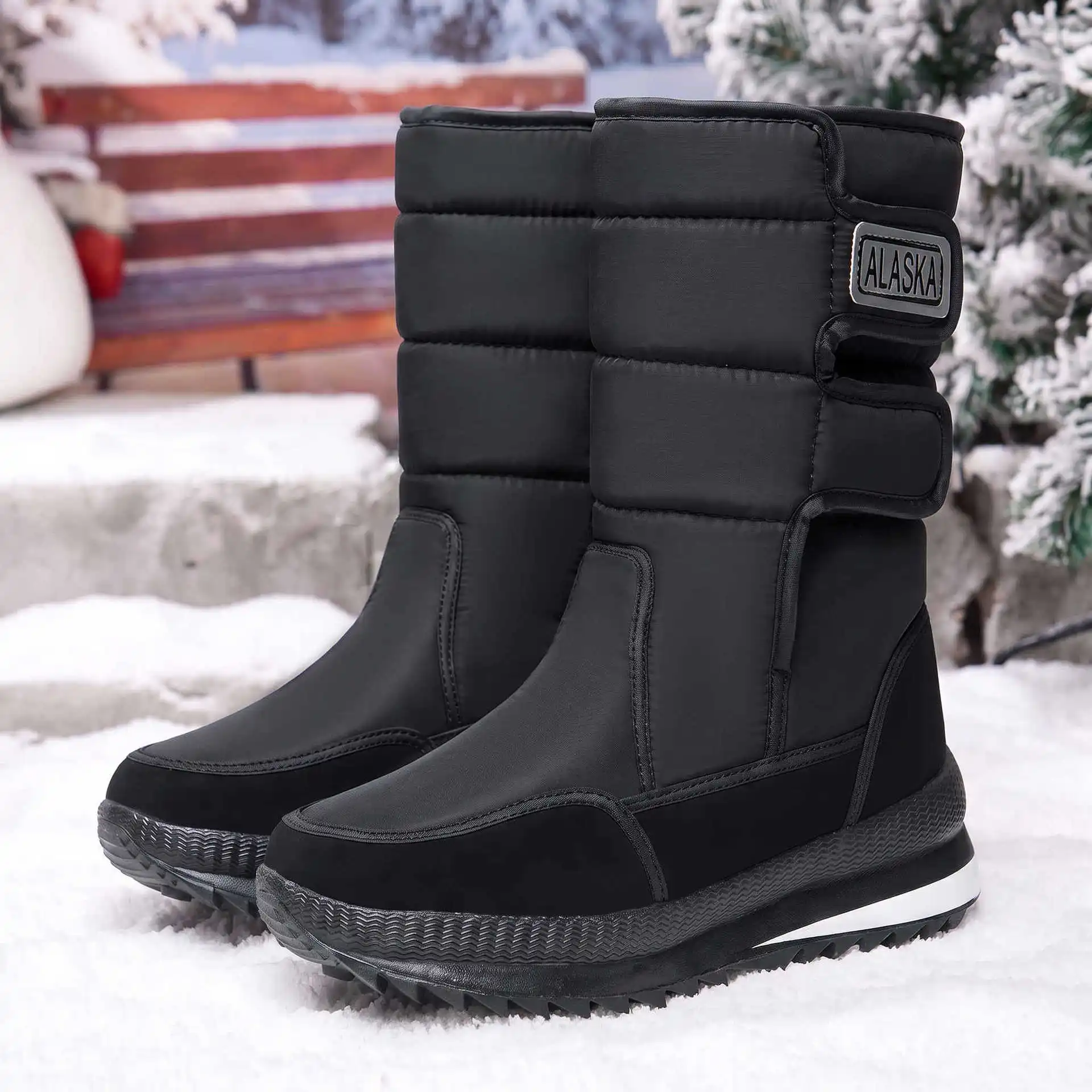 Damen-Winterstiefel, dick gefüttert mit Fleece, wasserdicht, mit Klettverschluss, mittelhohe Stiefel, rutschfest, warmes Outdoor-Schuhwerk für kaltes Wetter. – Detail 8