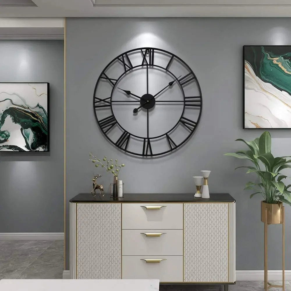 -Relojes de pared de Metal modernos de 60cm, reloj redondo casi silencioso con pilas y números romanos negros para sala de estar