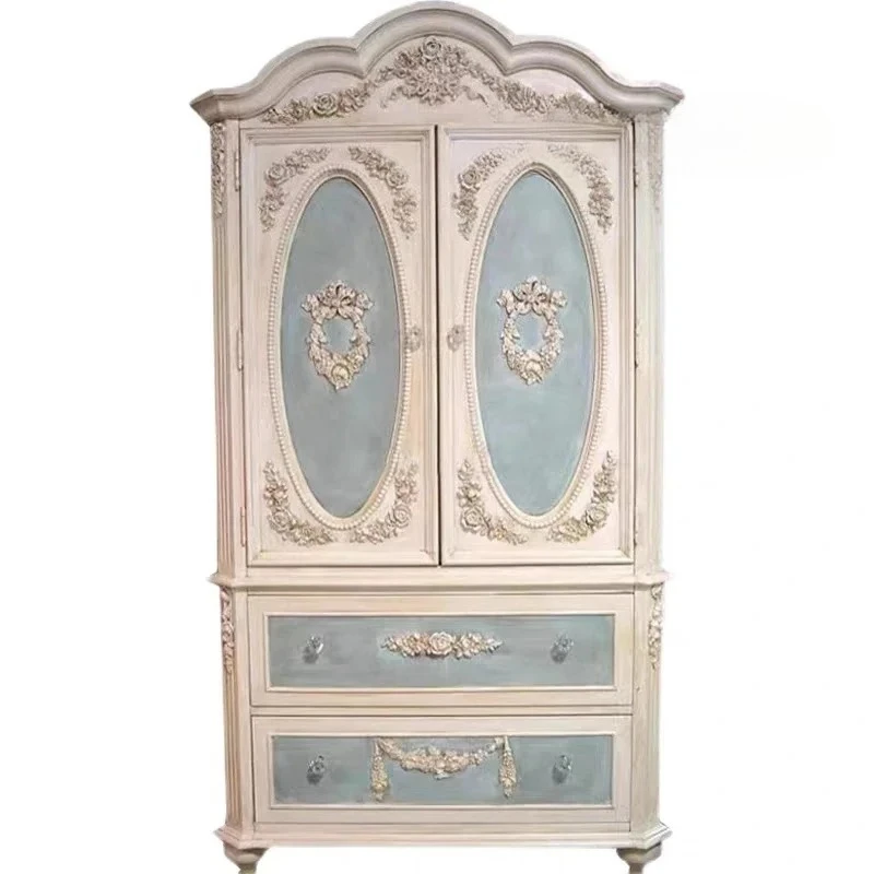 

French solid wood old double door wardrobe European engraved retro girl room pink storage American wardrobe