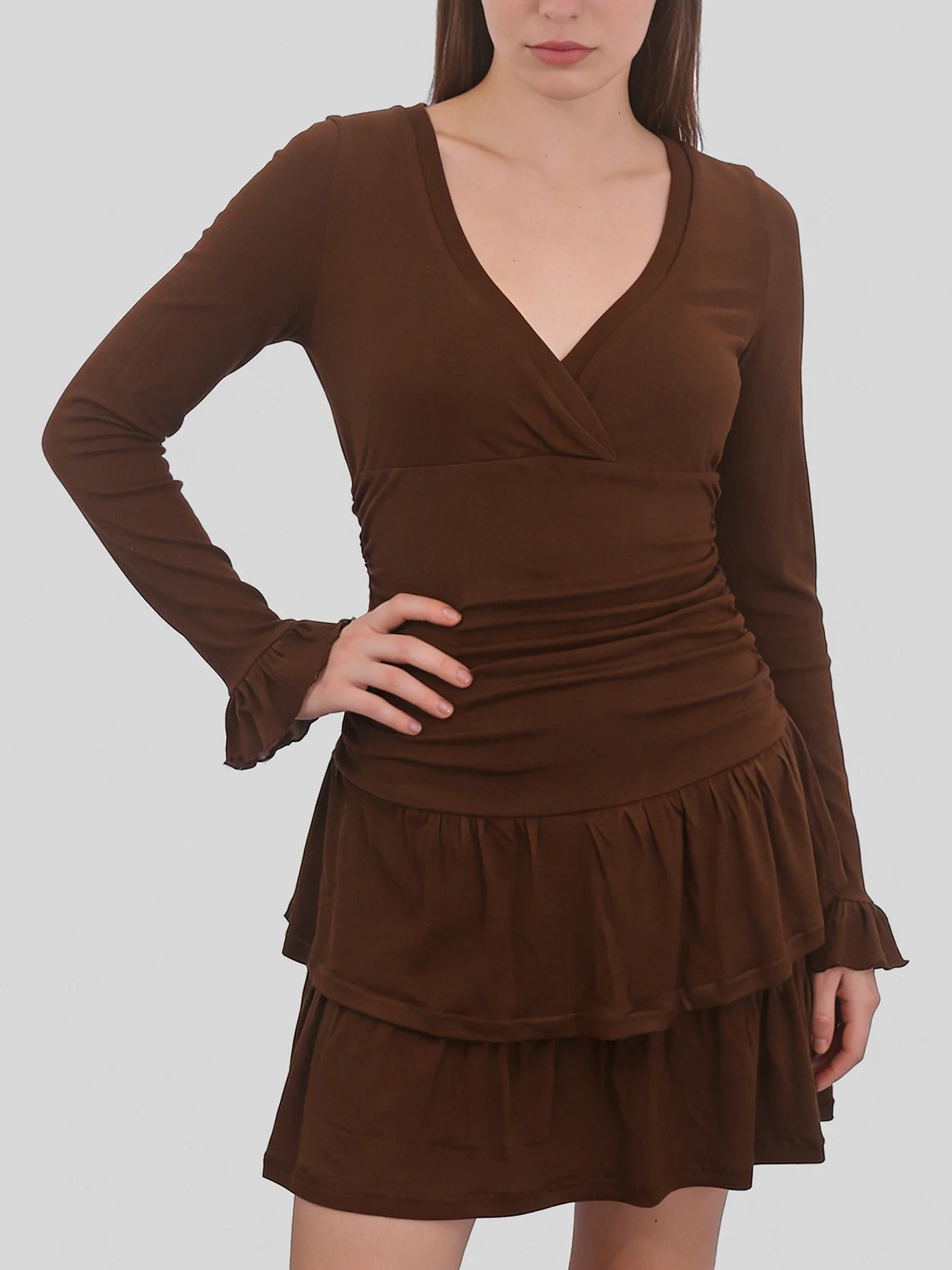 

Женское коричневое ретро-платье с V-образным вырезом, многослойными оборками, мини-платье для лета и осени, с длинным рукавом, короткое, цельное, элегантное